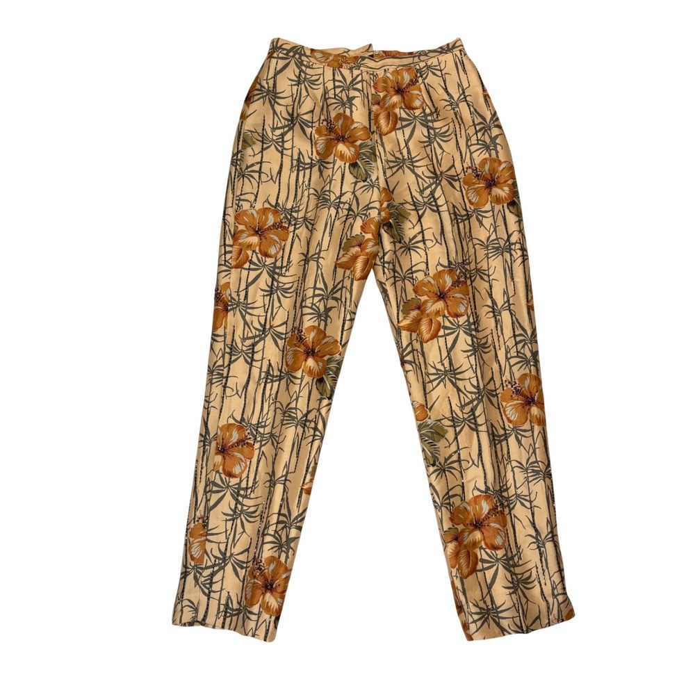 VTG 100% Silk Beaded Tropical Hibiscus Straight‎ Leg Pants sz 6 Golden Girls